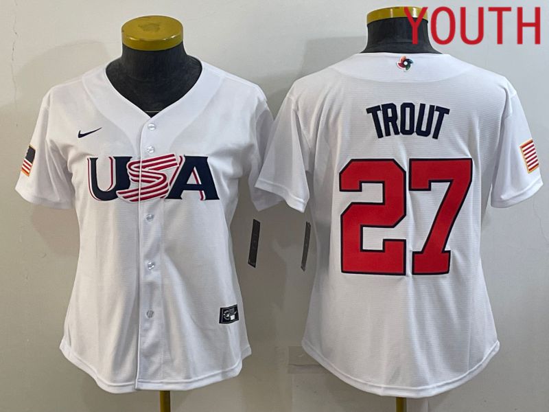 Youth 2023 World Cub USA 27 Trout White MLB Jersey6
